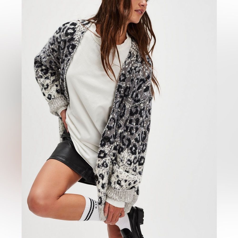 NWOT Free People State Side Cardi in Snow Leopard Combo